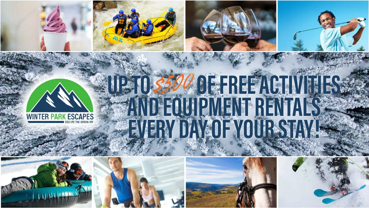 A vibrant interior collage featuring families enjoying a variety of outdoor adventures like white-water rafting, skiing, horseback riding, as well as scenes of indoor dining and golfing. The action-packed visuals convey energy and diversity of experiences available year-round.