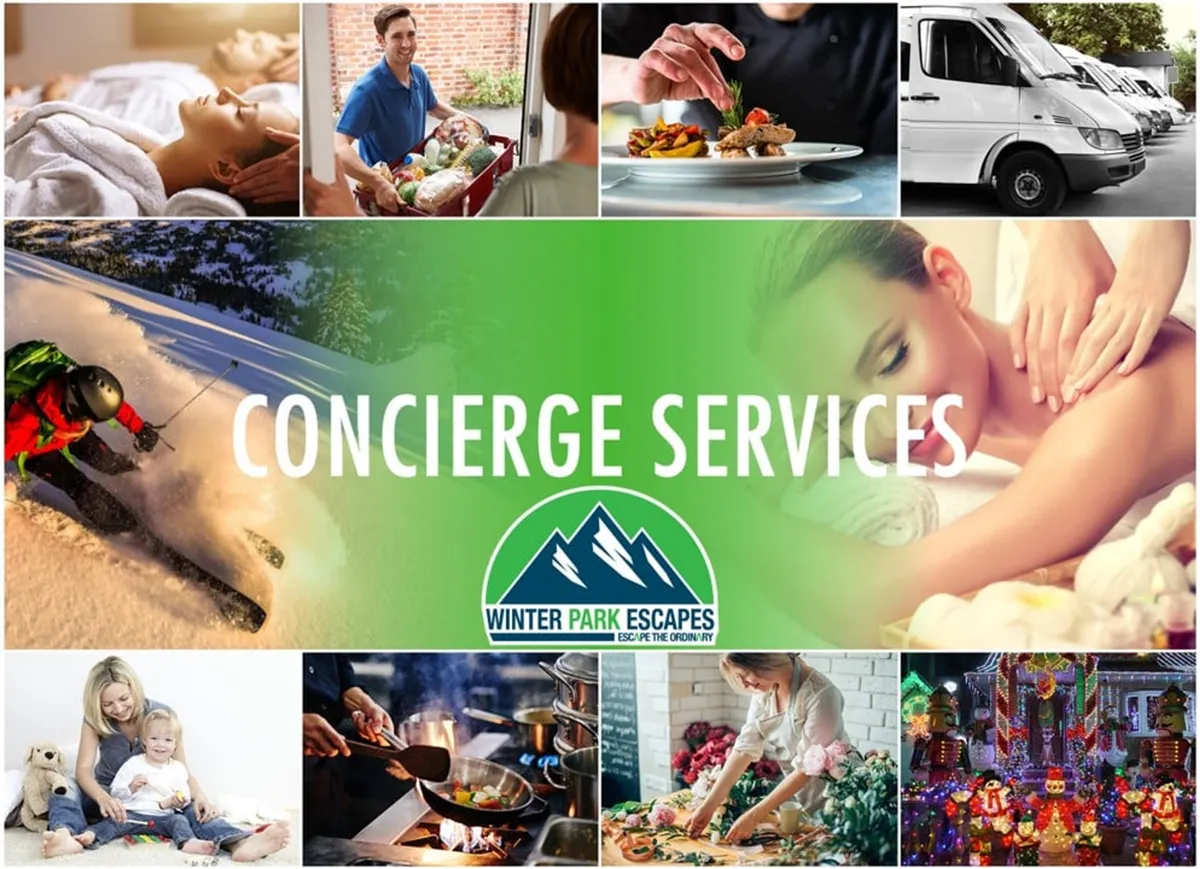 A graphic collage highlighting concierge services, including icons or photos of skiing, spa treatments, local food delivery, and family activities, conveying the ease of accessing local adventures and amenities.