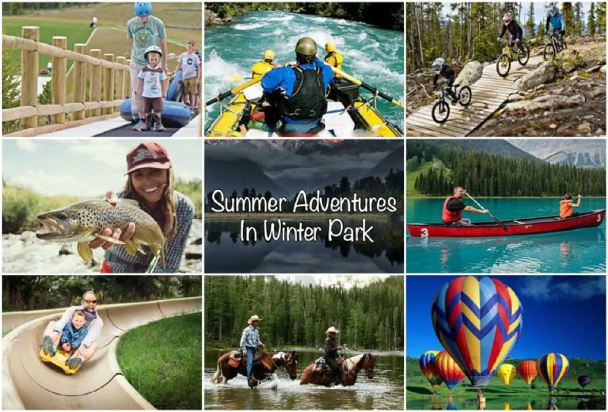A vibrant view of families and children participating in various outdoor summer adventures, including white water rafting, mountain biking, horseback riding, fishing, and even hot air ballooning. Lush natural landscapes and smiles abound, emphasizing the fun and diversity of experiences.