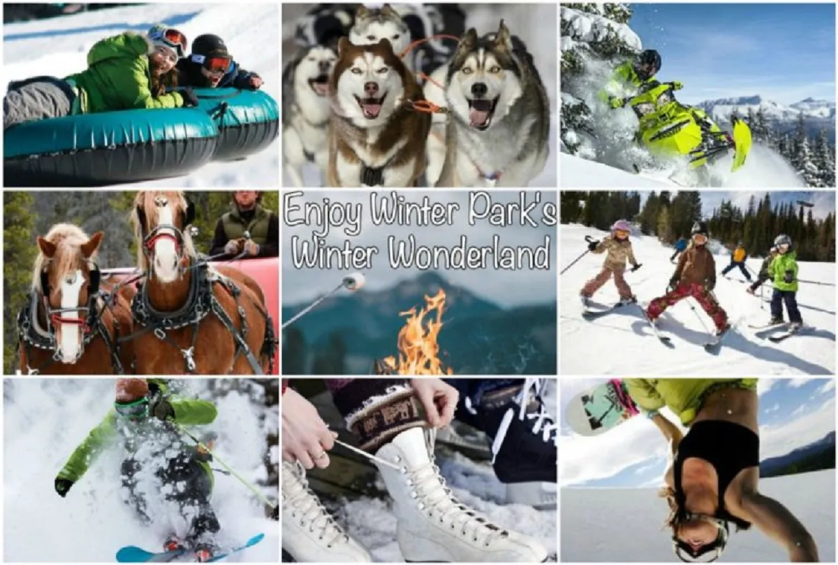 A lively winter scene featuring families and children engaged in snow activities such as tubing, snowmobiling, dog sledding, horse-drawn sleigh rides, and skiing. The background shows snow-covered hills and a cozy fire pit gathering, evoking an atmosphere of excitement and togetherness.